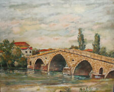 Antique impressionist landscape oil painting river stone bridge picture