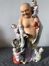 ORNATE CHINESE PORCELAIN LAUGHING BUDDHA Statue 5 CHILDREN Tall Colors Colorful picture