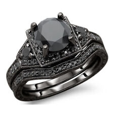 2.33 Ct Lab Created Black Round Diamond Bridal Set Silver Ring Classic New Gift picture