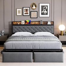 Bed Frame Full Queen Size Bed Platform with LED Upholstered Headboard 2 Drawers  picture
