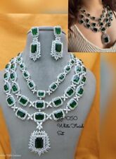 Indian Bollywood Silver Plated Ethnic AD CZ Jewelry Earrings Necklace Bridal Set picture