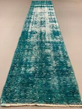 Distressed Turkish Narrow Runner 310x65 cm wool Vintage rug, Overdyed Green picture