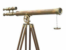 Antique nautical floor standing brass 39 inch telescope with wooden tripod stand picture
