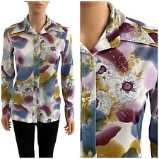 Vintage 70s Disco Hippy Button Front Top Huge Collar Abstract Atomic Print M picture