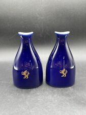 2 Vintage Porsgrund Norway Cobalt Blue Gold Lion Peanut Shaker Bud Vase 1992 picture