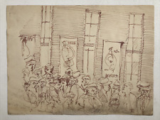 Vintage 1930/40'S Original Pen and Ink and Pencil Drawing CROWD ON THE STREET 2X picture