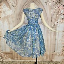 Vintage 1960s Dress Fit and Flare Blue Floral Chiffon Overlay Gathered Waist  picture