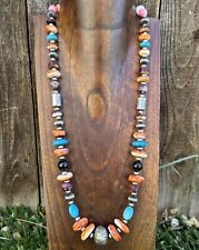 Southwestern 925 Sterling Silver Multi Gem Stone W Pearls Bead Necklace. 26 inch picture