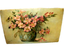 1890s FRENCH OIL PAINTING FLORAL PINK BLOSSOMS PINE WOOD NAILHEADS DELARUE 92 picture