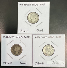 1916-P | Mercury Dime | 10c | 1st Year Issue | 3-Coin Lot | Buy 1 or all 3 picture