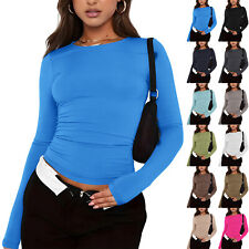 Women's Basic Long Sleeve Tops Slim Fit Stretchy Crew Neck T-Shirt Plain US picture