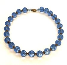 Antique Signed Czechoslovakia Blue Faceted Glass Bead Necklace 16