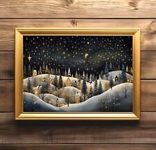 Primitive Christmas Village Pine Trees Home Decor Starry Night Landscape Print picture