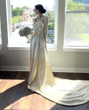 Vintage 1940s Candlelight Slipper Satin Wedding Dress Art Deco Gown Lace XS picture