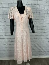 Vintage 90s Dawn Joy Pink Lace Popover Cottagecore Dress Tie Back Waist Sz 11/12 picture