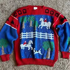 Vintage B.G.DAY Red Hand Knit 100% Cotton Orchard Horse Racing Sweater Size M picture