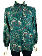 Vintage Valentino Blouse Women's 12 Emerald Green Paisley Long Sleeve Wool Top picture