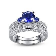 Womens Blue Sapphire Vintage Sterling Silver Bridal Wedding Engagement Ring Set picture