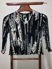 Vintage Brittany Black Blouse Black White Floral Art Design Size S Made in USA picture