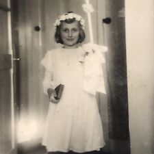 Vintage 1944 Black and White Photo First Holy Communion Little Girl Bible Candle picture