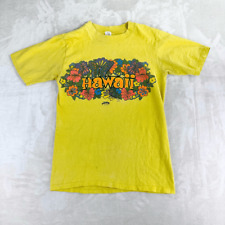 Vintage 70s Hawaiian Happy Shirts Adult Small Yellow Tropical Floral Graphic Tee picture