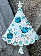 Christmas Tree Aqua Blue Crystal Rhinestone Brooch Pin Glass Vintage Holiday US picture