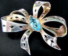 REJA Sterling Silver Heavy Blue Topaz Rhinestone Bow Vintage Pin Brooch picture