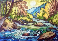 ORIGINAL Hand Painted Pen and Watercolor Art Card ACEO Babbling Brook picture