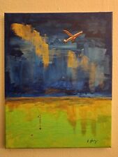 HOKi-Painting of Golf Course & Airplane, Blue & Green Wall deco 14x11,SIGNED&# picture