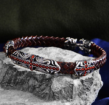 Silver Leather Bracelet  Handmade Men Ruby Stone Leather Bangle 925 Silver picture