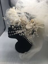 VTG Ivory Ornate Beaded Double Layer Comb Hold Wedding Headpiece Veil picture