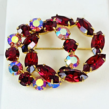 Fabulous Vintage Red & Pink Aurora Borealis Rhinestone Double Circle Brooch Pin picture