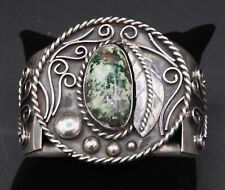 Vintage Mexico Large Wide Sterling Silver Green Stone Cuff Bracelet Eagle Mark picture