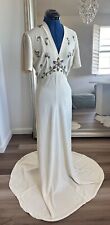 vintage 1940s flower beaded ivory maxi crepe gown dress picture