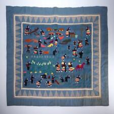 Traditional Hmong Embroidery Story Cloth Cotton Farm Animals Handstitched Blue picture