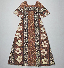 Vintage Ui MaiKai Hawaiian Dress Small Brown Hibiscus Barkcloth 60s Muu Muu picture