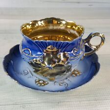 Vintage Blue Gold Footed Tea Cup Saucer w Flowers & Vines Marked 958 Gorgeous picture
