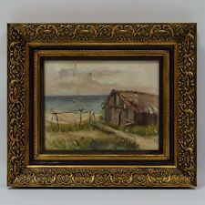 1898 Old oil painting Fisherman's hut on the beach 13.8 x 12.2 in picture