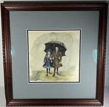 Antique Vintage 1909 Norah Mackenzie Raining Umbrella Watercolor Framed Matted picture