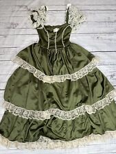 Vtg Medieval Princess Puff Sleeve Green Prom Dress Lace Trim Tiered Victorian XS picture
