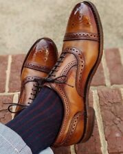 Men's Classic Oxfords Two Tone Cap Toe Shoes, Unique Brogue Lace Up Leather Shoe picture