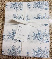 POTTERY BARN Micha Floral Cotton QUEEN Sheets 4 Piece Set NEW - WHITE/Blue picture