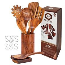 Wooden Kitchen Utensils set With Utensil Holder 9 PCS Teak Wooden Cooking Spoon picture