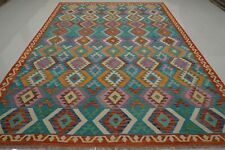 9x12 Afghan Turquoise Blue Hand woven Geometric Wool  Kilim Area Rug picture