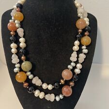 Beautiful Vintage Multi-colored Polished Agate Stone , Pearl Necklace 17” picture