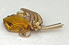 Superb Vintage Gold Wash Sterling Flower Brooch with Huge Citrine Color Glass picture