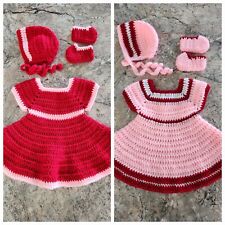 Valentine's Day Baby Dress, Bonnet & Bootie Set Crochet Handmade  Newborn - 3 mo picture