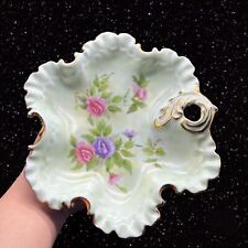 Antique Hand Painted Dish Signed By Artist Flowers With Gold Edges 8.25”W 1.25”T picture