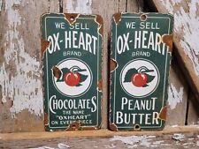 VINTAGE OX-HEART PORCELAIN SIGN OLD CONFECTIONERY CHOCOLATE PEANUT BUTTER CANDY picture