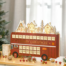 Christmas Advent Calendar, Light Up Wooden Bus Decoration w/ Village & Drawers picture